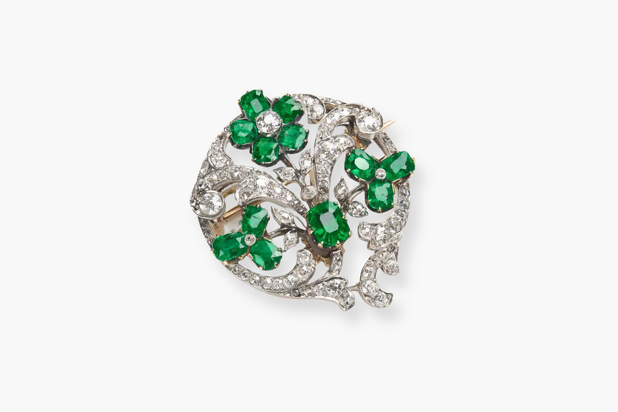 Circa 1895 Antique Diamond and Emerald Brooch