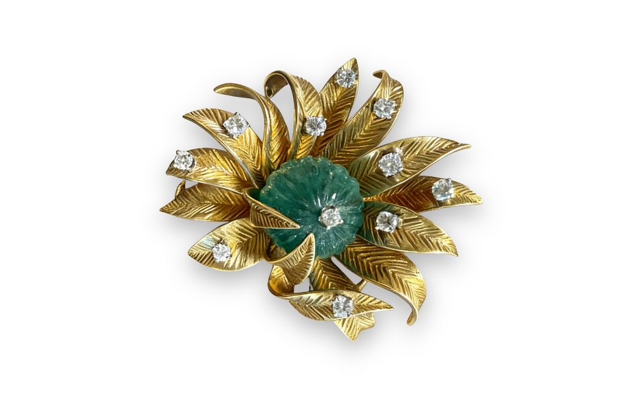 French 1950s Carved Emerald and Diamonds Brooch